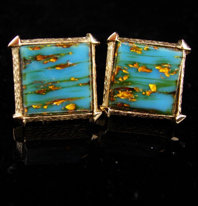 Blue gold quartz cufflinks / vintage Venetian Foil Cufflinks / retro Destino set / blue turquoise color / Business suit / Wedding groom gift