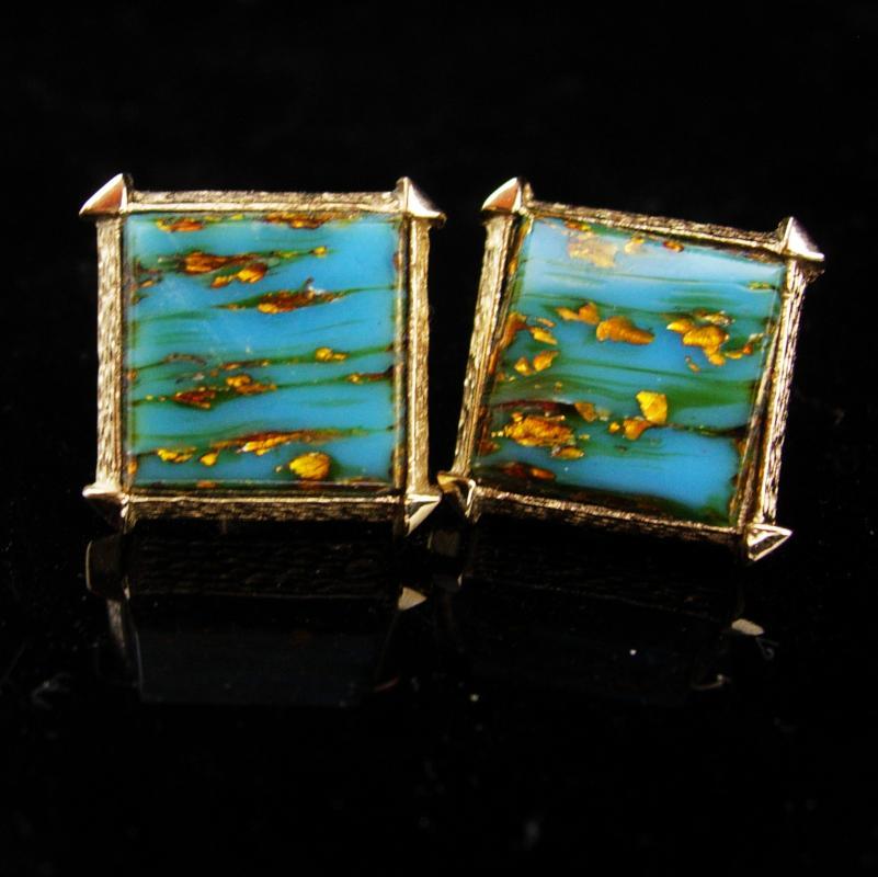 Blue gold quartz cufflinks / vintage Venetian Foil Cufflinks / retro Destino set / blue turquoise color / Business suit / Wedding groom gift