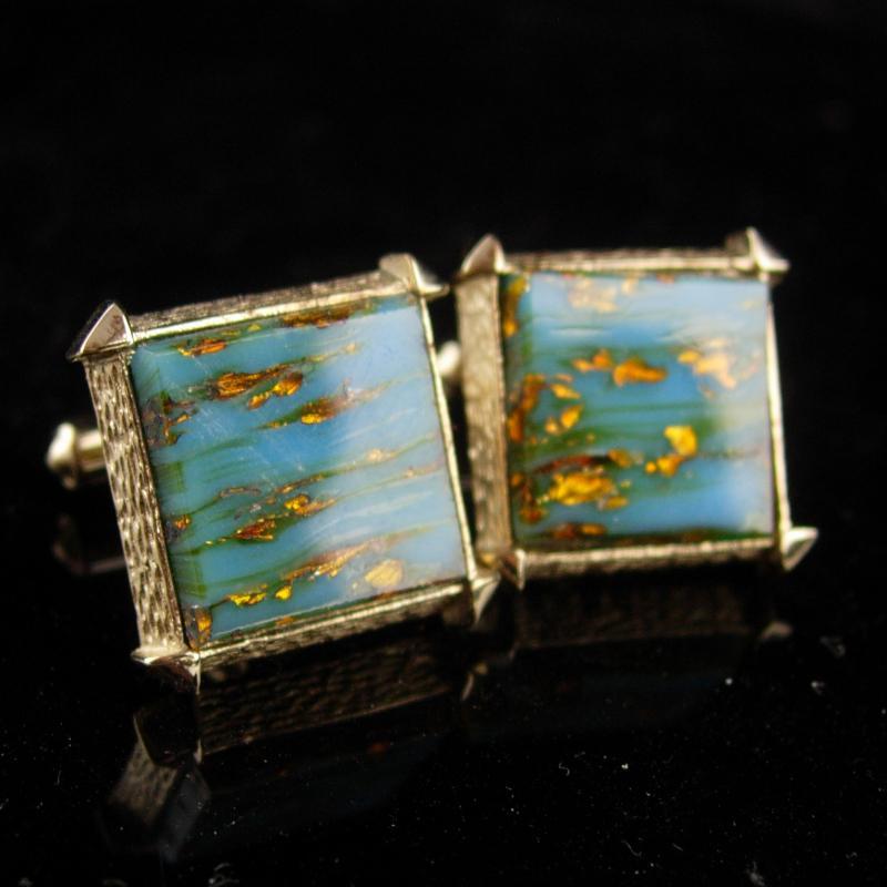 Blue gold quartz cufflinks / vintage Venetian Foil Cufflinks / retro Destino set / blue turquoise color / Business suit / Wedding groom gift