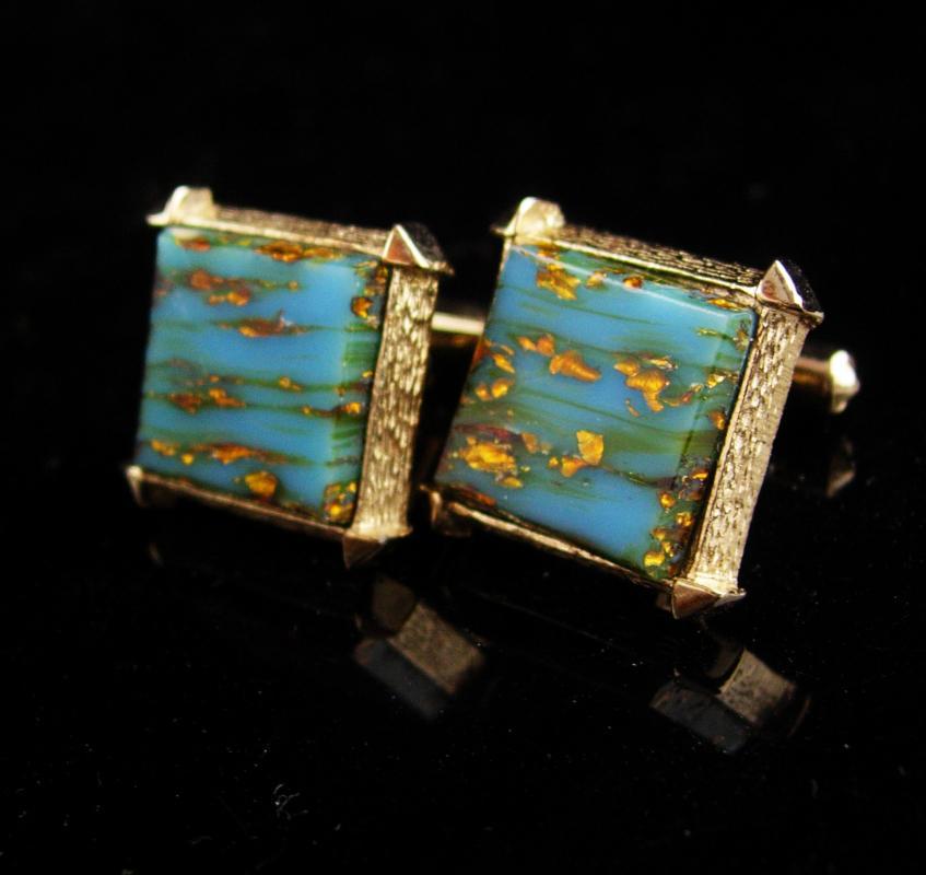Blue gold quartz cufflinks / vintage Venetian Foil Cufflinks / retro Destino set / blue turquoise color / Business suit / Wedding groom gift
