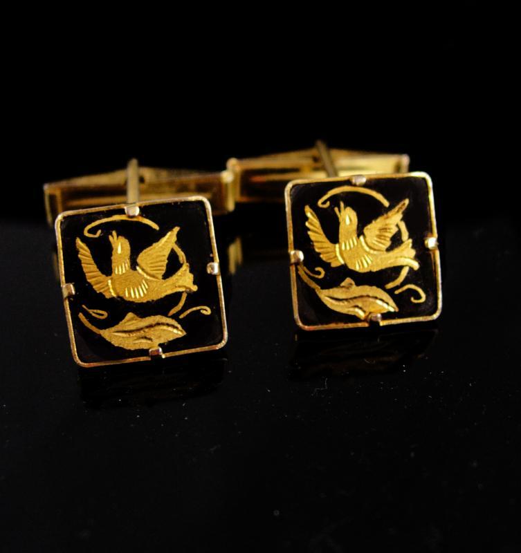 Love bird cufflinks / Wedding Dove set / Elegant Victorian Damascene set / Men's 24kt gold kilates / mourning bird / groom gift / tuxedo set