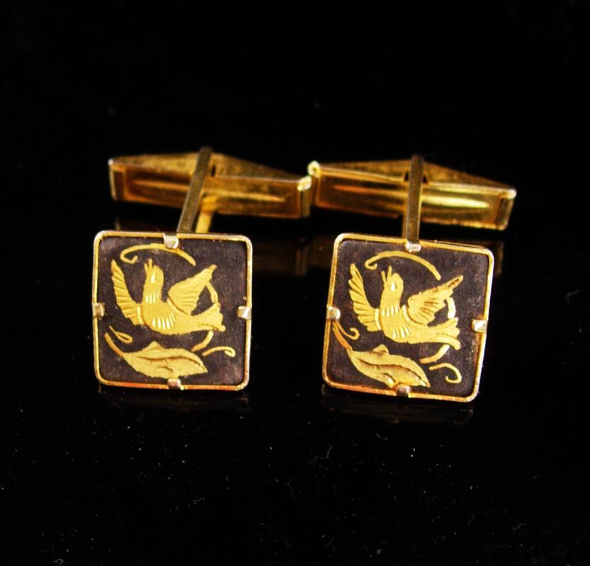 Love bird cufflinks / Wedding Dove set / Elegant Victorian Damascene set / Men's 24kt gold kilates / mourning bird / groom gift / tuxedo set