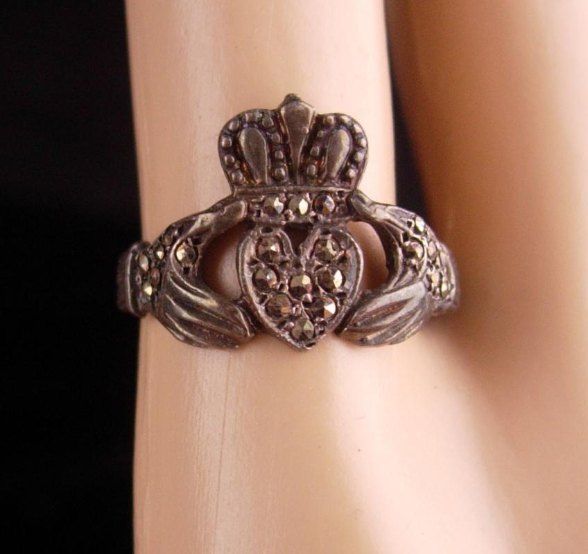 Vintage Sterling Claddagh Ring / Irish silver marcasite wedding ring / Ireland Celtic Heart / Loyalty Friendship size 7 1/2