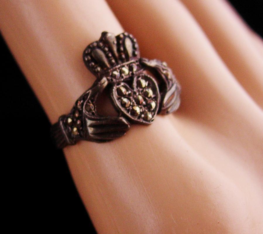 Vintage Sterling Claddagh Ring / Irish silver marcasite wedding ring / Ireland Celtic Heart / Loyalty Friendship size 7 1/2