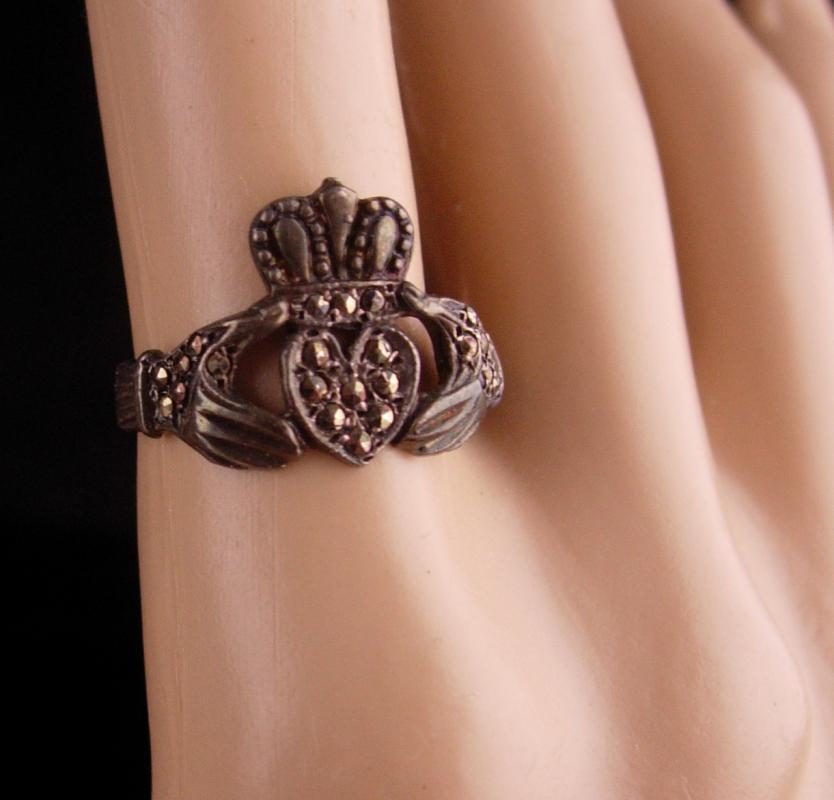 Vintage Sterling Claddagh Ring / Irish silver marcasite wedding ring / Ireland Celtic Heart / Loyalty Friendship size 7 1/2