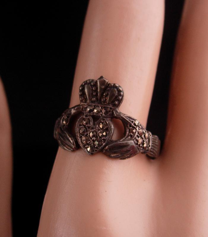 Vintage Sterling Claddagh Ring / Irish silver marcasite wedding ring / Ireland Celtic Heart / Loyalty Friendship size 7 1/2