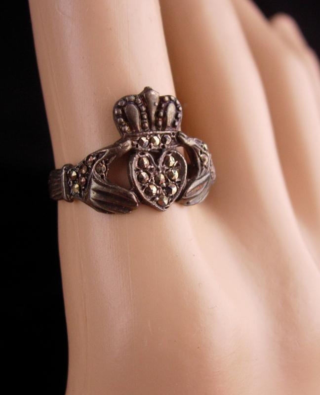 Vintage Sterling Claddagh Ring / Irish silver marcasite wedding ring / Ireland Celtic Heart / Loyalty Friendship size 7 1/2