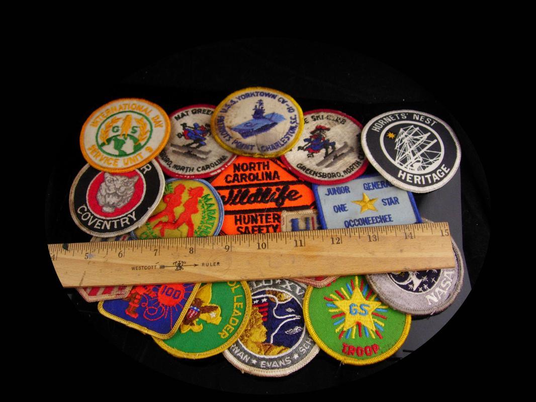 16 scout Patch Lot / Vintage merit badge set / uss Yorktown / ski club / marathon / nasa