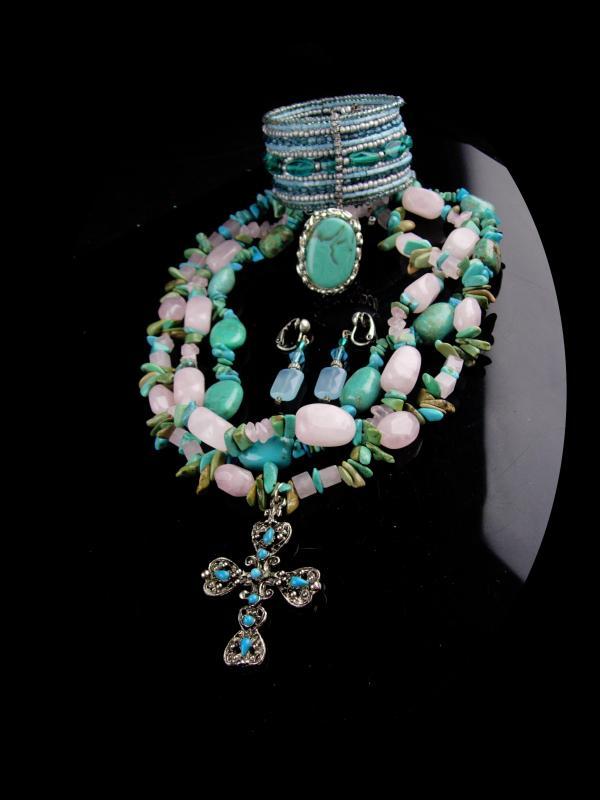 Chunky Turquoise Necklace set / hippie jewelry / Gothic cross / gypsy bracelet / indian design bracelet & earrings / Hand made gift for her