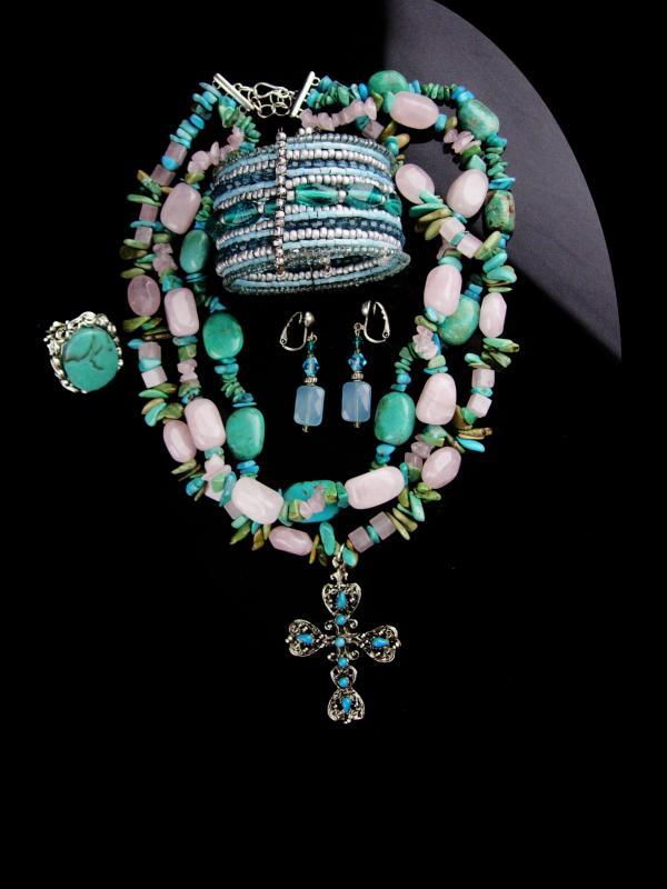 Chunky Turquoise Necklace set / hippie jewelry / Gothic cross / gypsy bracelet / indian design bracelet & earrings / Hand made gift for her