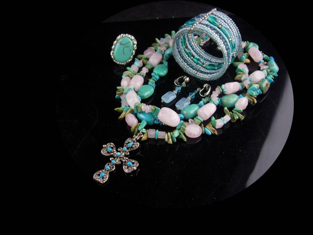Chunky Turquoise Necklace set / hippie jewelry / Gothic cross / gypsy bracelet / indian design bracelet & earrings / Hand made gift for her