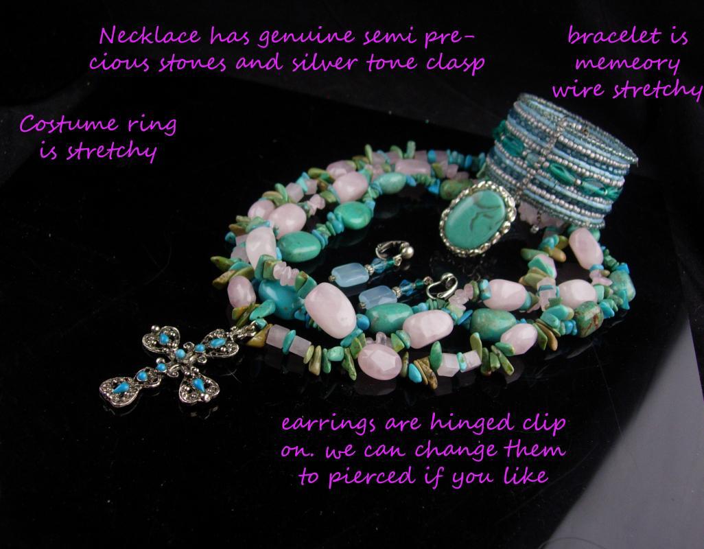Chunky Turquoise Necklace set / hippie jewelry / Gothic cross / gypsy bracelet / indian design bracelet & earrings / Hand made gift for her
