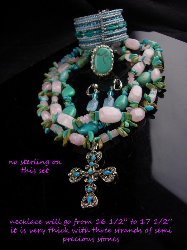 Chunky Turquoise Necklace set / hippie jewelry / Gothic cross / gypsy bracelet / indian design bracelet & earrings / Hand made gift for her