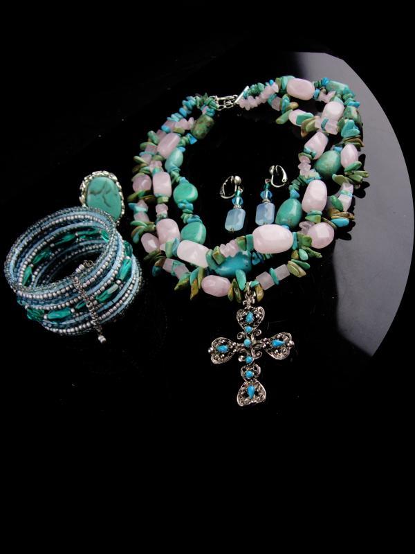 Chunky Turquoise Necklace set / hippie jewelry / Gothic cross / gypsy bracelet / indian design bracelet & earrings / Hand made gift for her