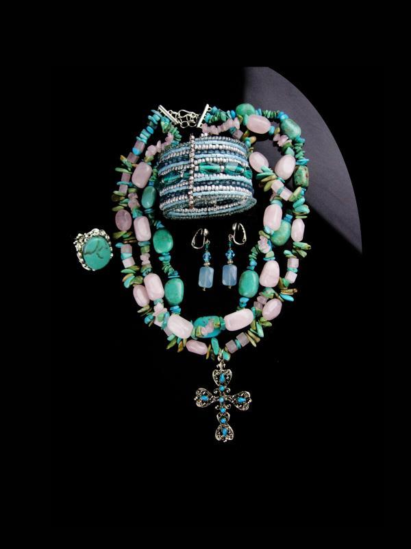 Chunky Turquoise Necklace set / hippie jewelry / Gothic cross / gypsy bracelet / indian design bracelet & earrings / Hand made gift for her