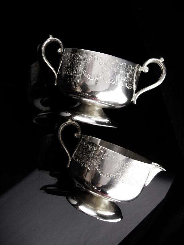 2 piece Antique Tea set / Engravable Cremer sugar / ornate etchings / fancy vintage serving set / wedding gift / Empire ESC silver plate