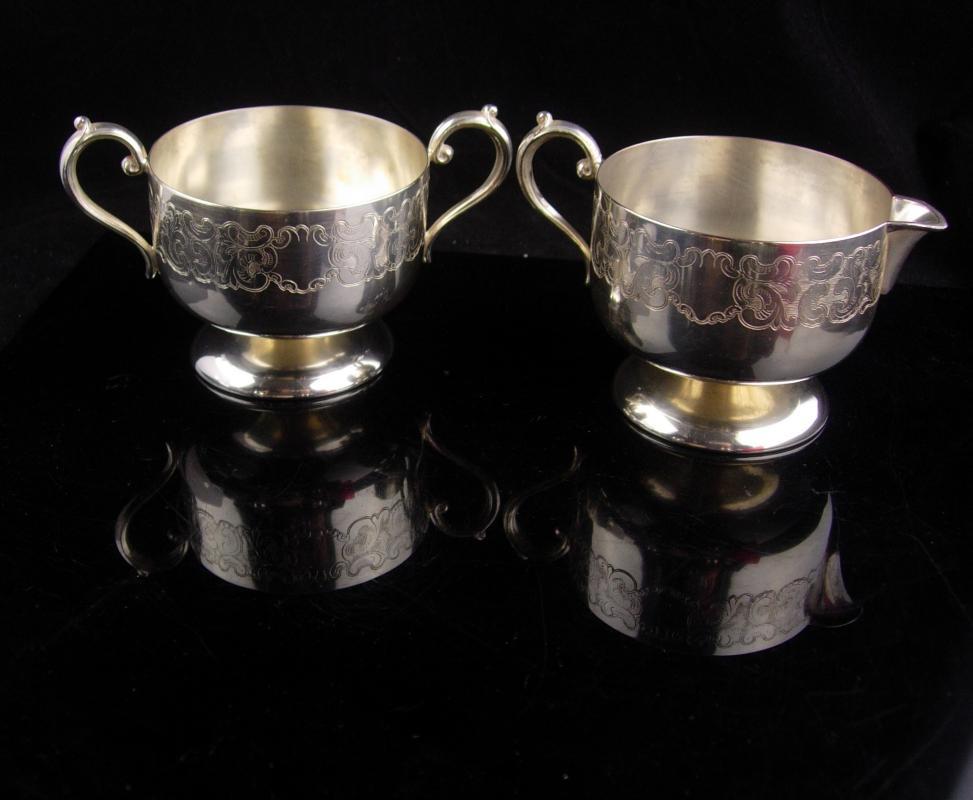 2 piece Antique Tea set / Engravable Cremer sugar / ornate etchings / fancy vintage serving set / wedding gift / Empire ESC silver plate