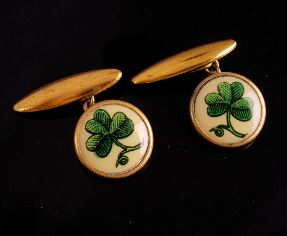 Antique Victorian Cufflinks / green Clover / Irish SHAMROCK / Made in England / Good Luck / Jewelry green Ireland wedding gentleman jewelry