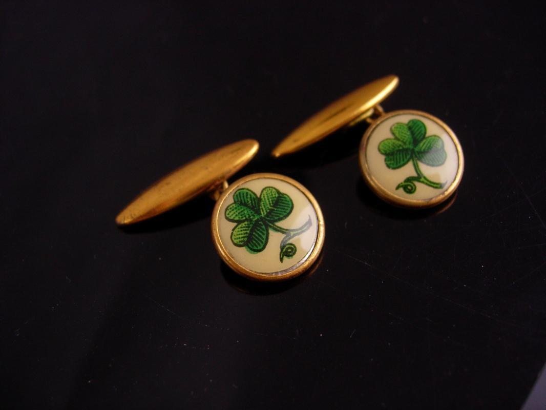Antique Victorian Cufflinks / green Clover / Irish SHAMROCK / Made in England / Good Luck / Jewelry green Ireland wedding gentleman jewelry