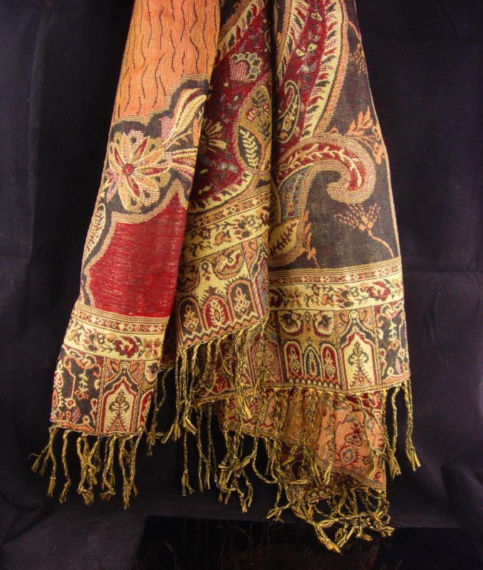 Bohemian colors / Pashmina Scarf / extra large wrap / never worn shawl / Fringe throw / Gypsy accessory tapestry colors/ gift for her 68x27