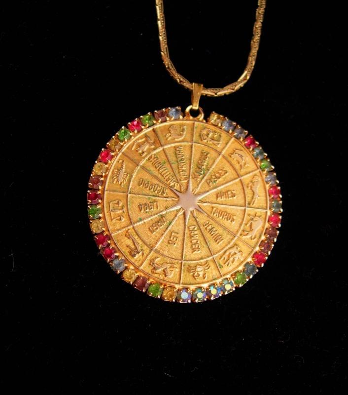 Gorgeous Horoscope necklace / vintage rhinestone coin pendant / sundial / LARGE gold zodiac / February Aquarius birthday / 30
