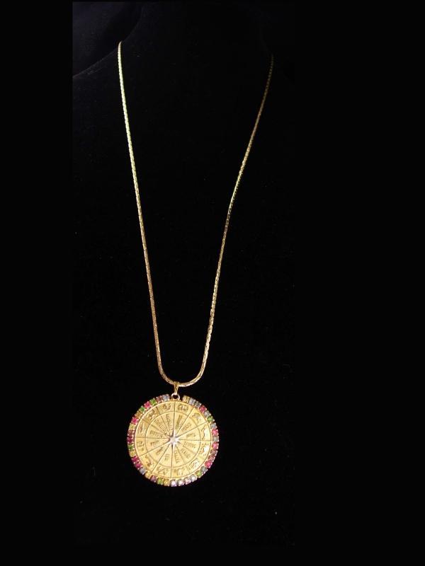 Gorgeous Horoscope necklace / vintage rhinestone coin pendant / sundial / LARGE gold zodiac / February Aquarius birthday / 30