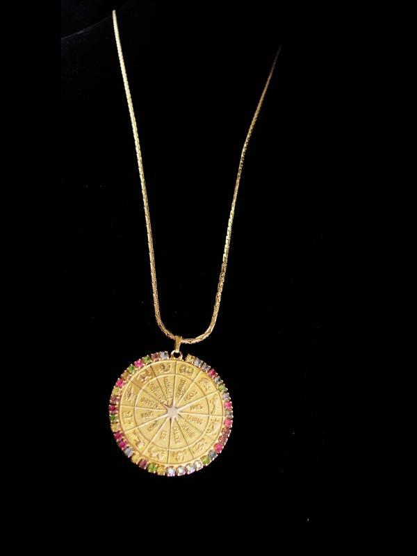 Gorgeous Horoscope necklace / vintage rhinestone coin pendant / sundial / LARGE gold zodiac / February Aquarius birthday / 30