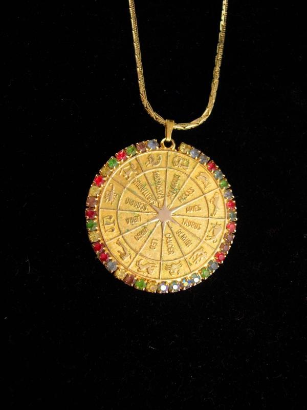 Gorgeous Horoscope necklace / vintage rhinestone coin pendant / sundial / LARGE gold zodiac / February Aquarius birthday / 30