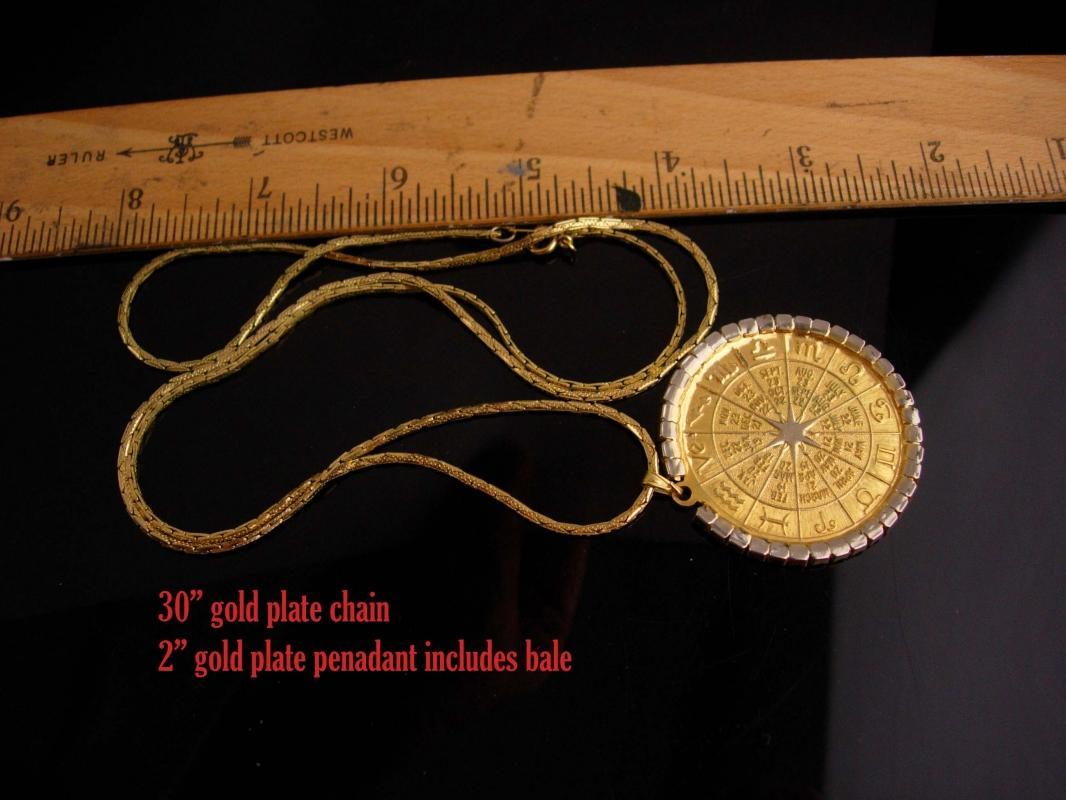 Gorgeous Horoscope necklace / vintage rhinestone coin pendant / sundial / LARGE gold zodiac / February Aquarius birthday / 30