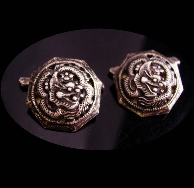 Antique Dragon Cufflinks / Vintage signed sterling cufflinks / Gothic Medieval set / Asian Silver gift / oriental mythology winged dragon