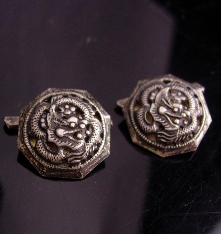 Antique Dragon Cufflinks / Vintage signed sterling cufflinks / Gothic Medieval set / Asian Silver gift / oriental mythology winged dragon