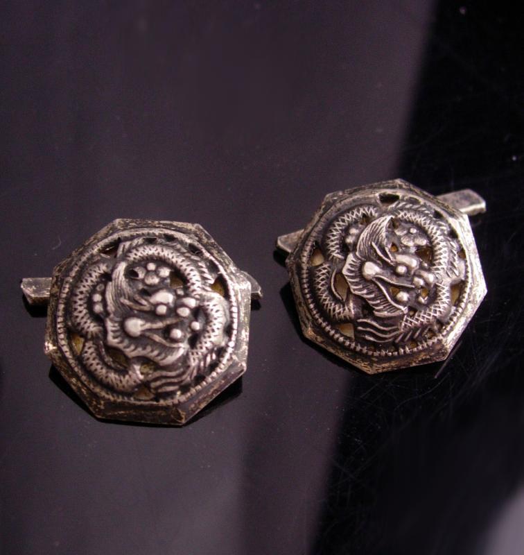 Antique Dragon Cufflinks / Vintage signed sterling cufflinks / Gothic Medieval set / Asian Silver gift / oriental mythology winged dragon