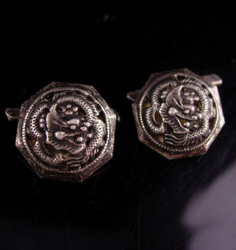 Antique Dragon Cufflinks / Vintage signed sterling cufflinks / Gothic Medieval set / Asian Silver gift / oriental mythology winged dragon