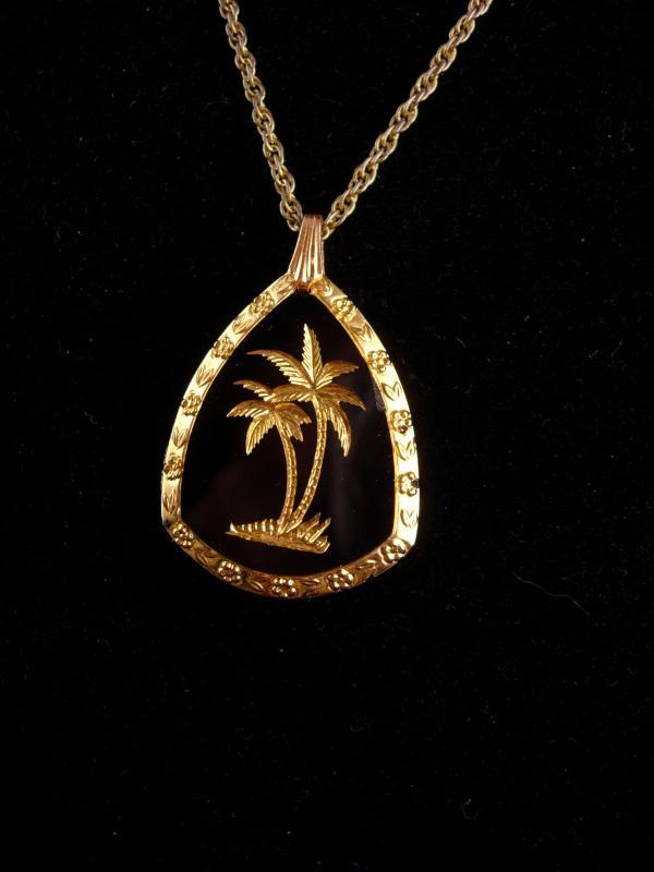 Vintage Hawaii necklace / Glass palm tree/black gold glass pendant / nautical gift / Surfer Hawaiian / religious reverse carved necklace