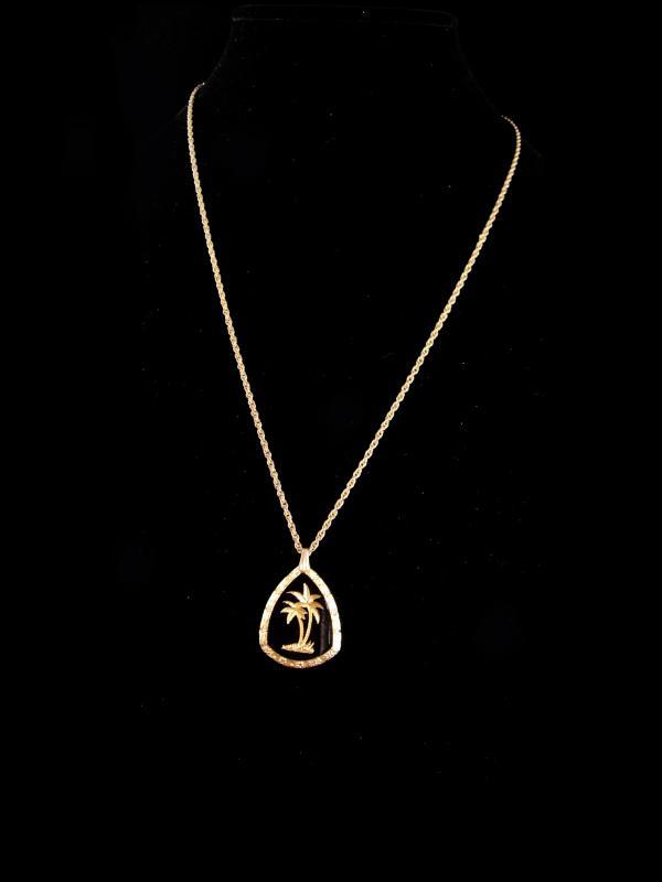 Vintage Hawaii necklace / Glass palm tree/black gold glass pendant / nautical gift / Surfer Hawaiian / religious reverse carved necklace