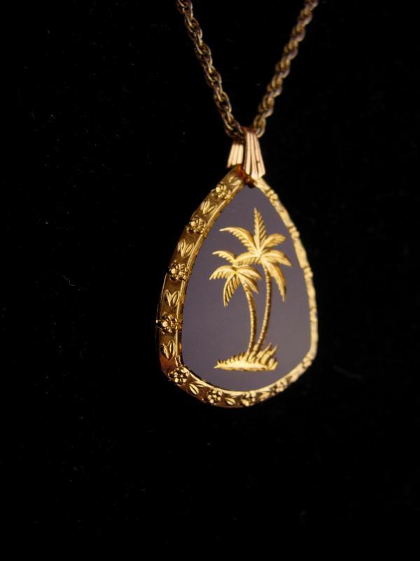 Vintage Hawaii necklace / Glass palm tree/black gold glass pendant / nautical gift / Surfer Hawaiian / religious reverse carved necklace