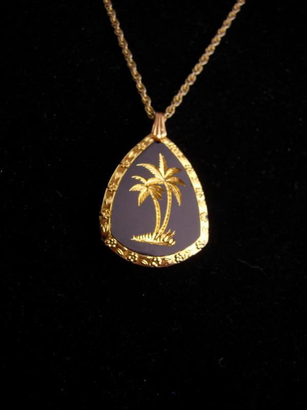 Vintage Hawaii necklace / Glass palm tree/black gold glass pendant / nautical gift / Surfer Hawaiian / religious reverse carved necklace