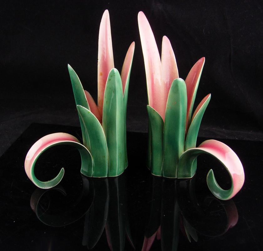Art deco candle holders / Vintage hallmarked nouveau pink green / pottery tulip / Wedding Gift / Candlesticks / danish modern / home decor
