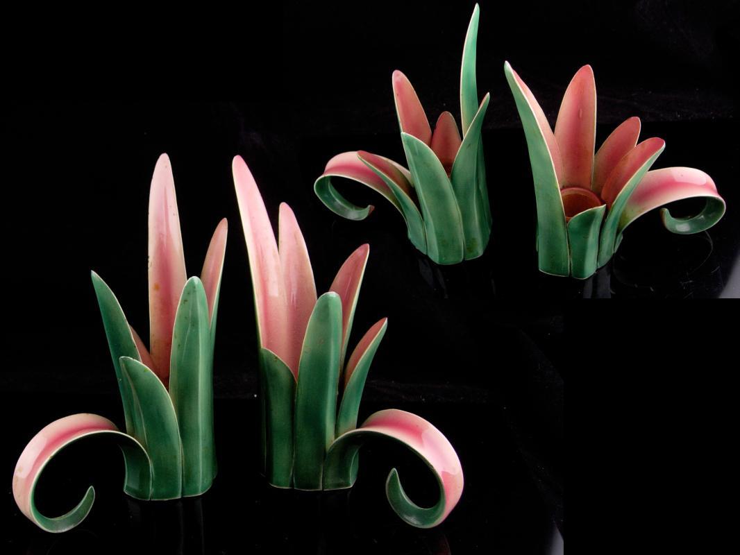 Art deco candle holders / Vintage hallmarked nouveau pink green / pottery tulip / Wedding Gift / Candlesticks / danish modern / home decor