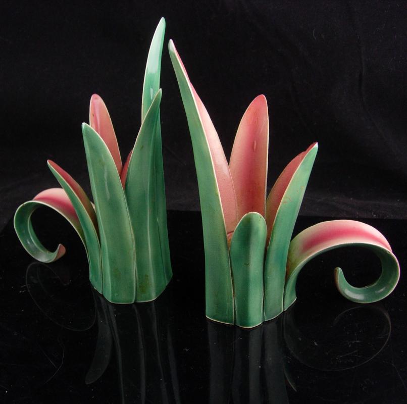 Art deco candle holders / Vintage hallmarked nouveau pink green / pottery tulip / Wedding Gift / Candlesticks / danish modern / home decor