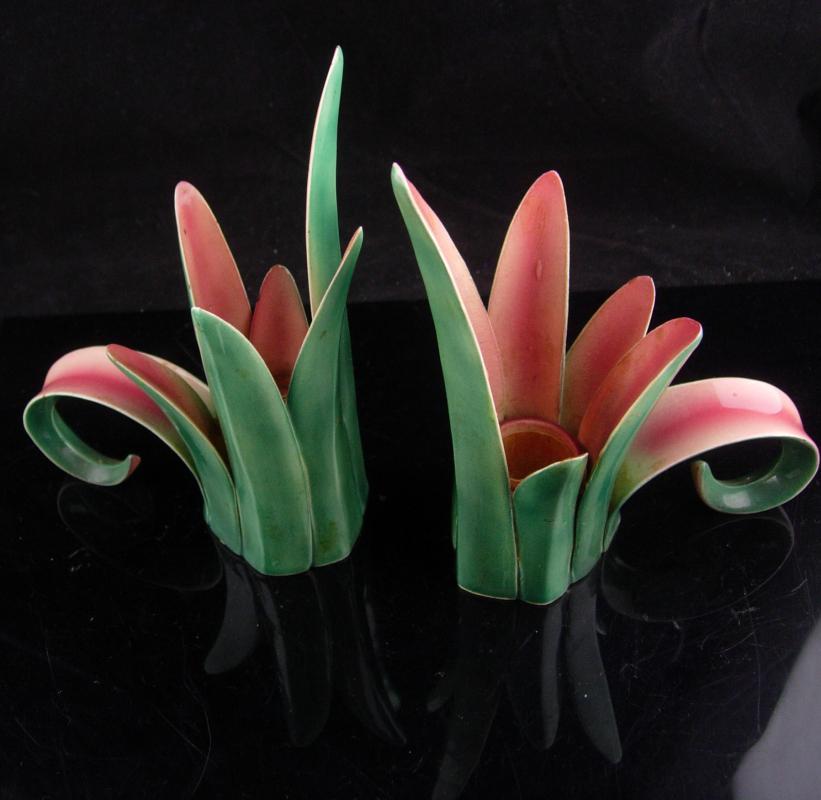 Art deco candle holders / Vintage hallmarked nouveau pink green / pottery tulip / Wedding Gift / Candlesticks / danish modern / home decor