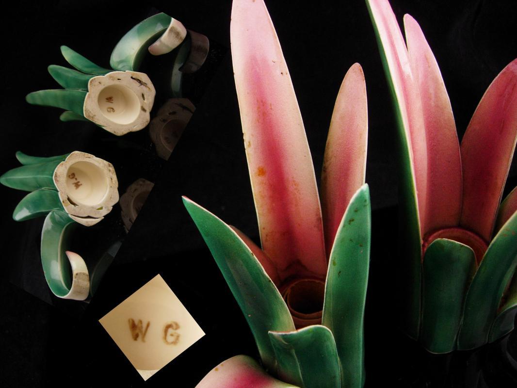 Art deco candle holders / Vintage hallmarked nouveau pink green / pottery tulip / Wedding Gift / Candlesticks / danish modern / home decor