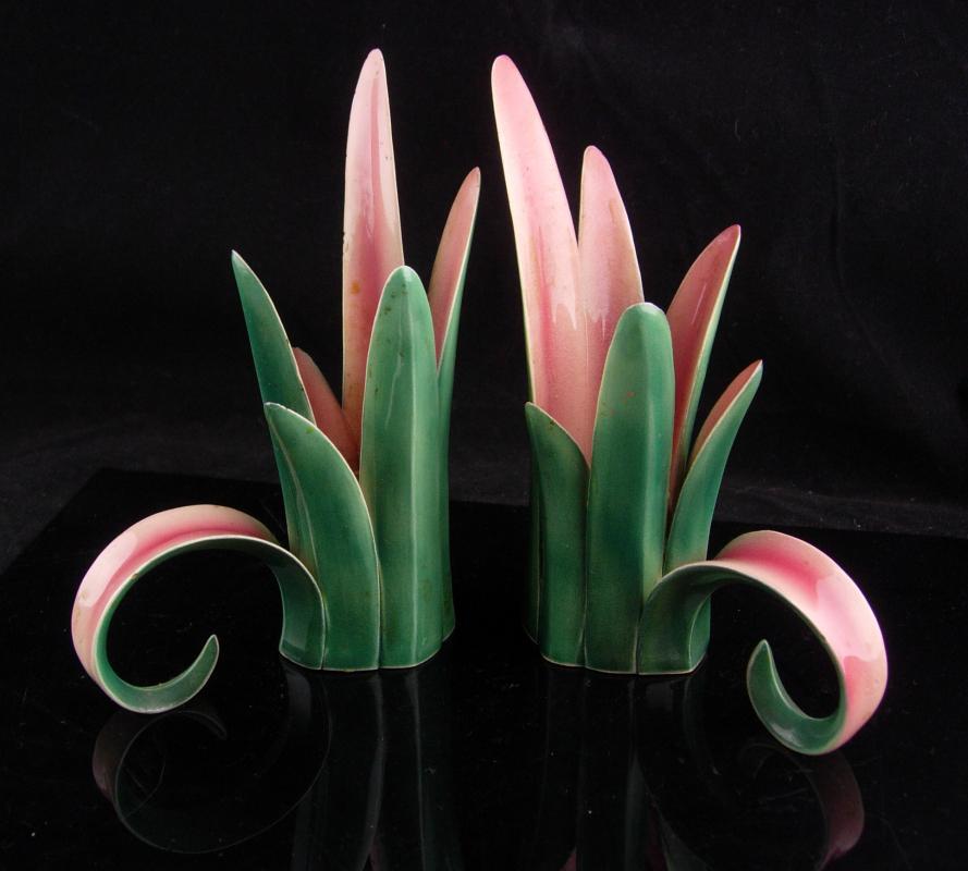 Art deco candle holders / Vintage hallmarked nouveau pink green / pottery tulip / Wedding Gift / Candlesticks / danish modern / home decor