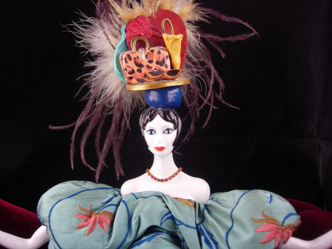 Signed Flapper Doll / Victorian velvet couch / deco head / vintage feather headdress / Poupees Isabelle/ whimsical art / Handbag purse hat