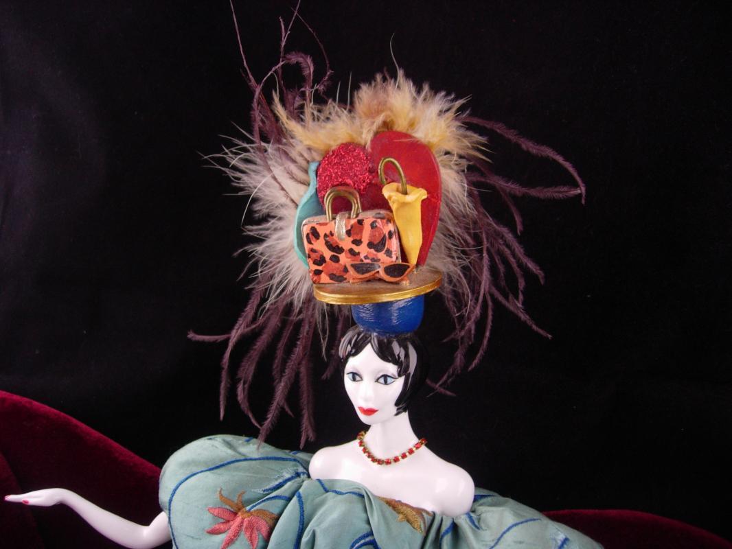 Signed Flapper Doll / Victorian velvet couch / deco head / vintage feather headdress / Poupees Isabelle/ whimsical art / Handbag purse hat