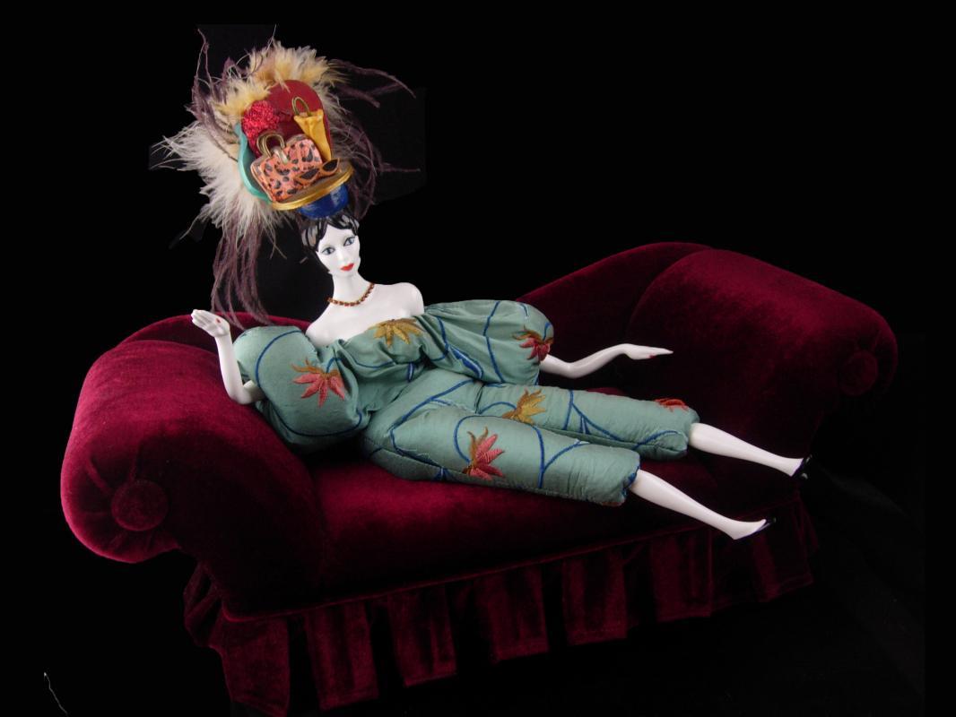 Signed Flapper Doll / Victorian velvet couch / deco head / vintage feather headdress / Poupees Isabelle/ whimsical art / Handbag purse hat