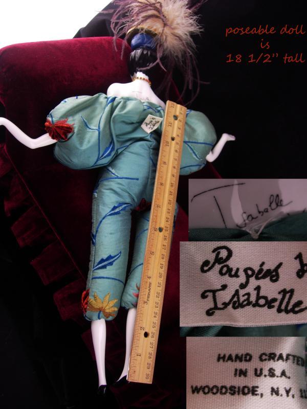 Signed Flapper Doll / Victorian velvet couch / deco head / vintage feather headdress / Poupees Isabelle/ whimsical art / Handbag purse hat