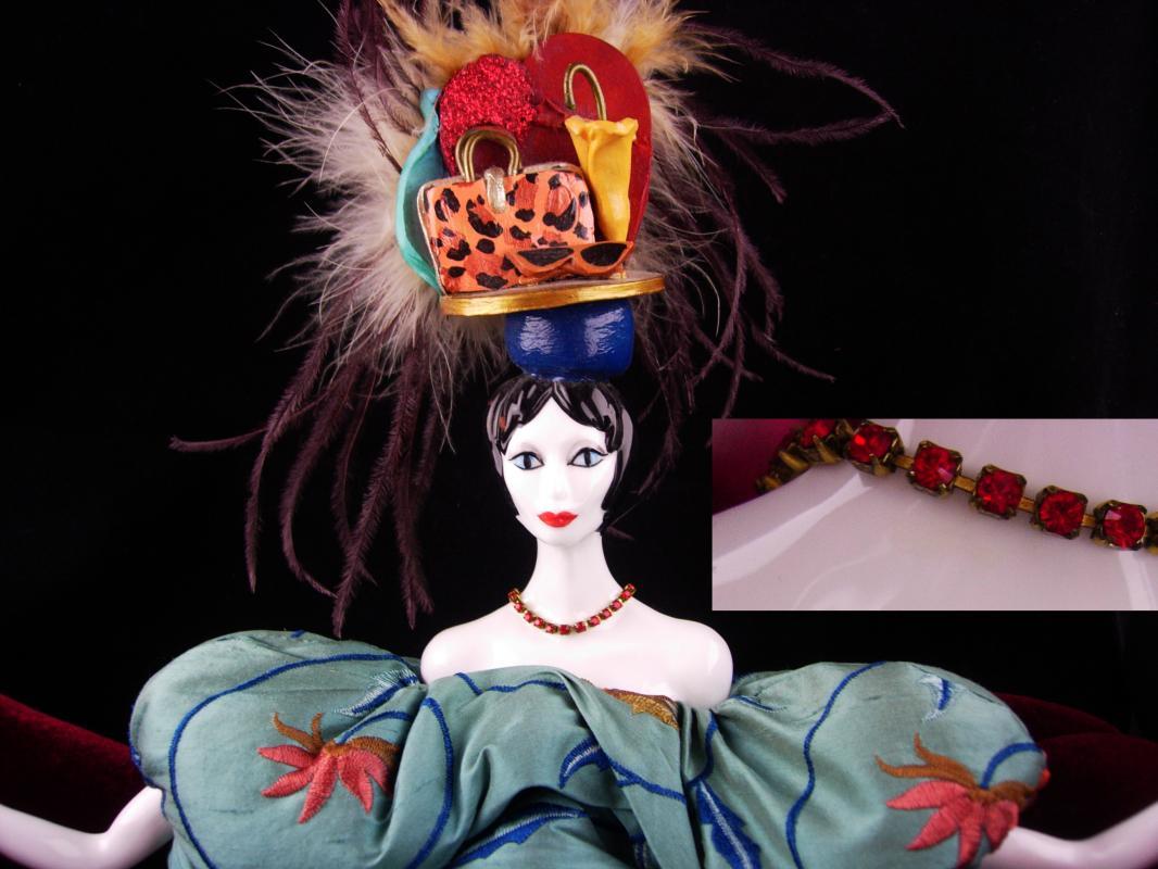Signed Flapper Doll / Victorian velvet couch / deco head / vintage feather headdress / Poupees Isabelle/ whimsical art / Handbag purse hat