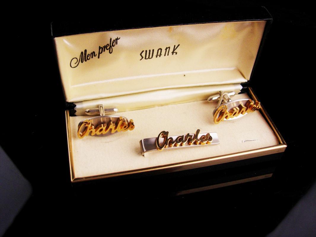 Personalized Charles Cufflinks set / Tieclip / Vintage Swank set / original box / Birthday gift / silver fathers day gift anniversary