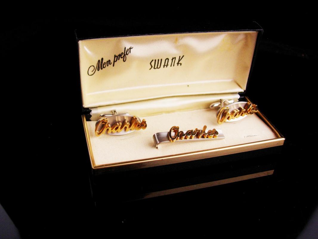 Personalized Charles Cufflinks set / Tieclip / Vintage Swank set / original box / Birthday gift / silver fathers day gift anniversary